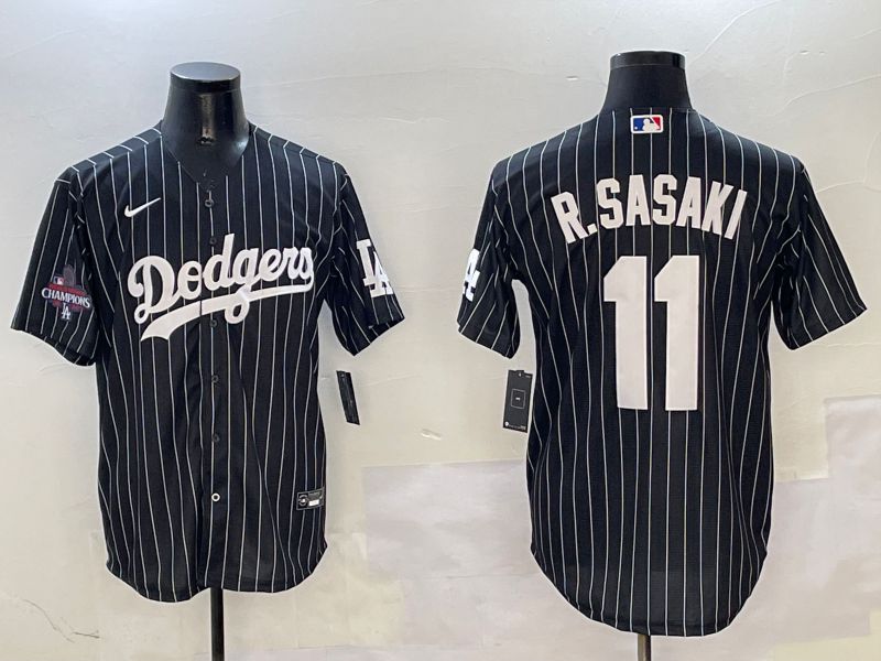 Men Los Angeles Dodgers #11 R.Sasaki Black Stripe Jointly Name 2025 Nike MLB Jersey style 3